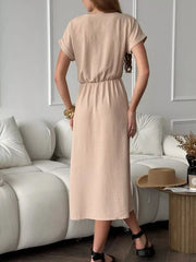 Casual Drawstring Waist Midi Dress in Deep Rose, close-up detail