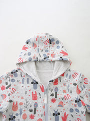 Toddler grey cotton zip-up hoodie with whimsical cartoon bunny and animal print.