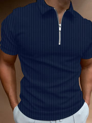 Navy ribbed zip-neck polo shirt with short sleeves.