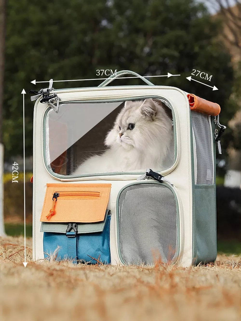 White transparent pet carrier backpack with green trim and multiple pockets.