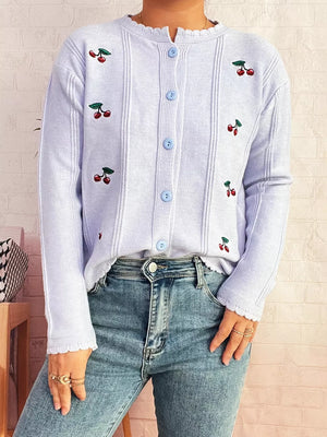 Light blue button up cardigan with cherry embroidery and scalloped trim.