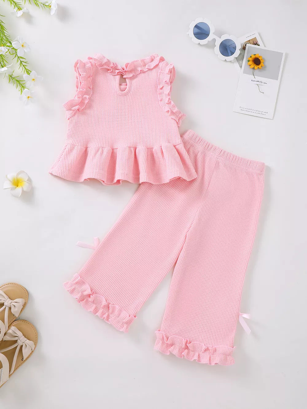 Children's Bow Waffle Knit Top And Pants Set, fabric detail