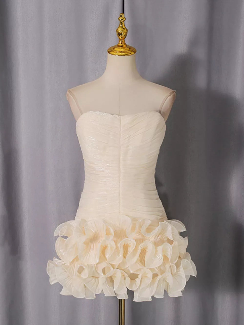 Strapless Ruffle Ruched Mini Dress in Apricot, close-up detail