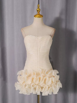 Strapless Ruffle Ruched Mini Dress in Apricot, close-up detail
