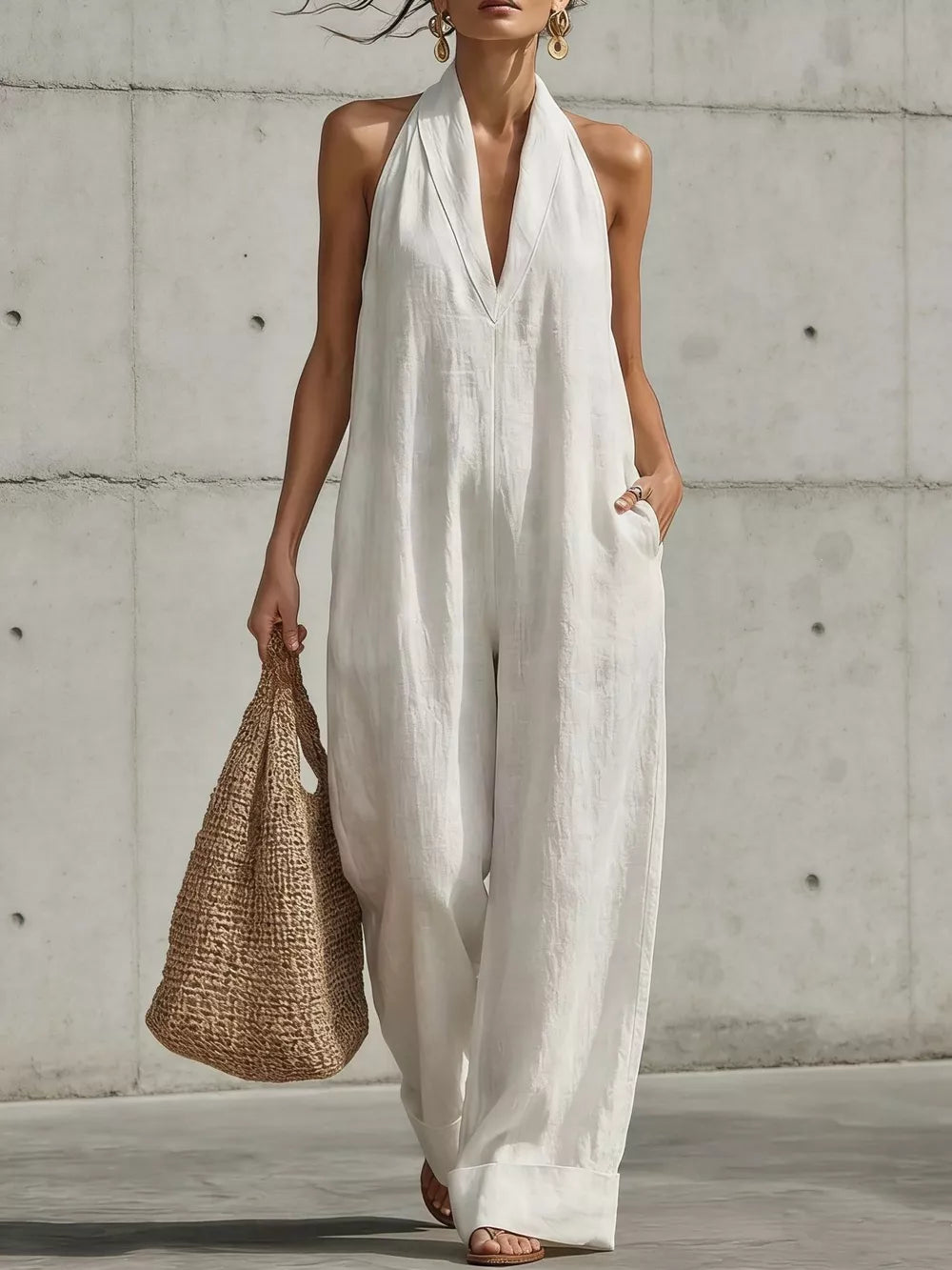 Full Size Halter Neck Wide-leg Jumpsuit Plus Size, front view