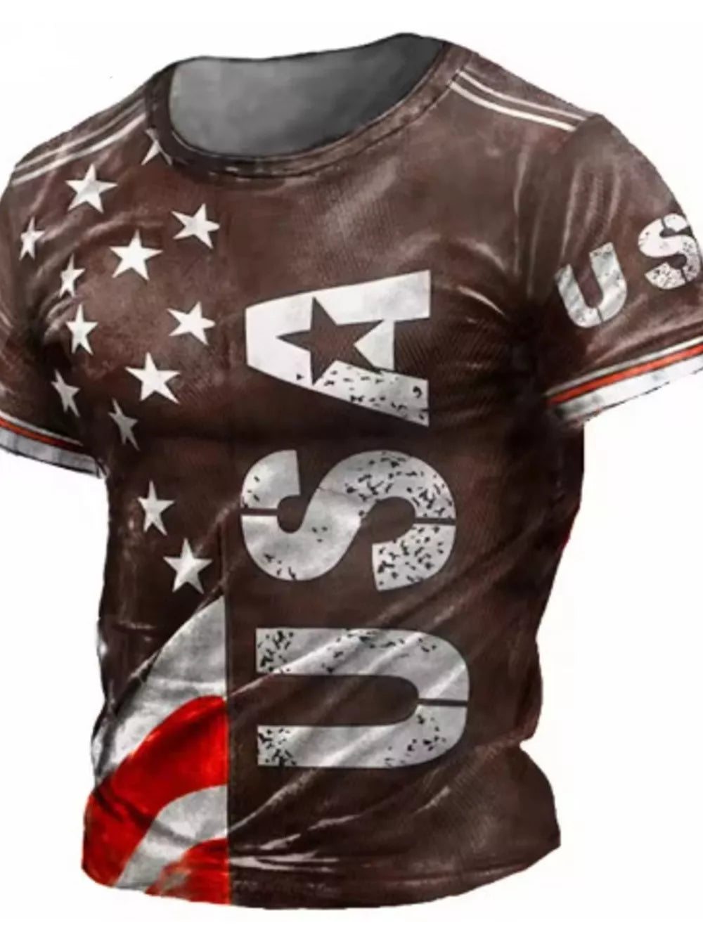 Men's brown USA flag print crew neck t-shirt with distressed lettering and stars.