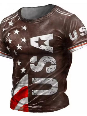 Men's brown USA flag print crew neck t-shirt with distressed lettering and stars.