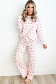 Blush pink Santa stripe loungewear set with long sleeves and drawstring pants.