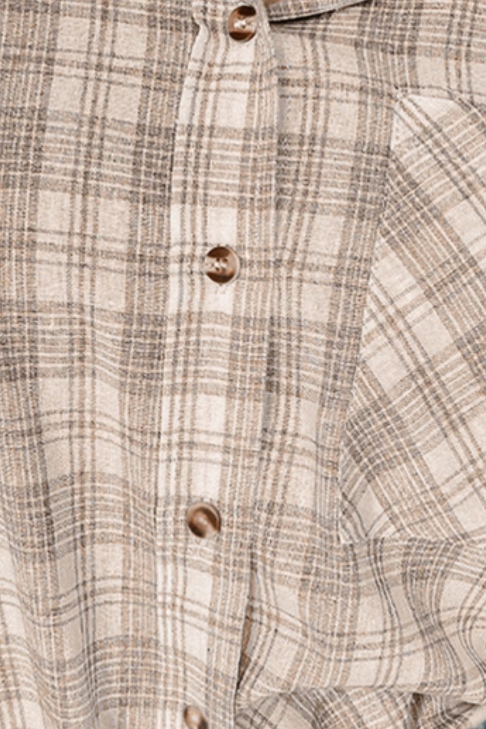 Plaid hooded shirt jacket in khaki cotton with button front and drawstring details.