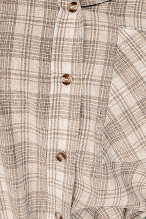 Plaid hooded shirt jacket in khaki cotton with button front and drawstring details.