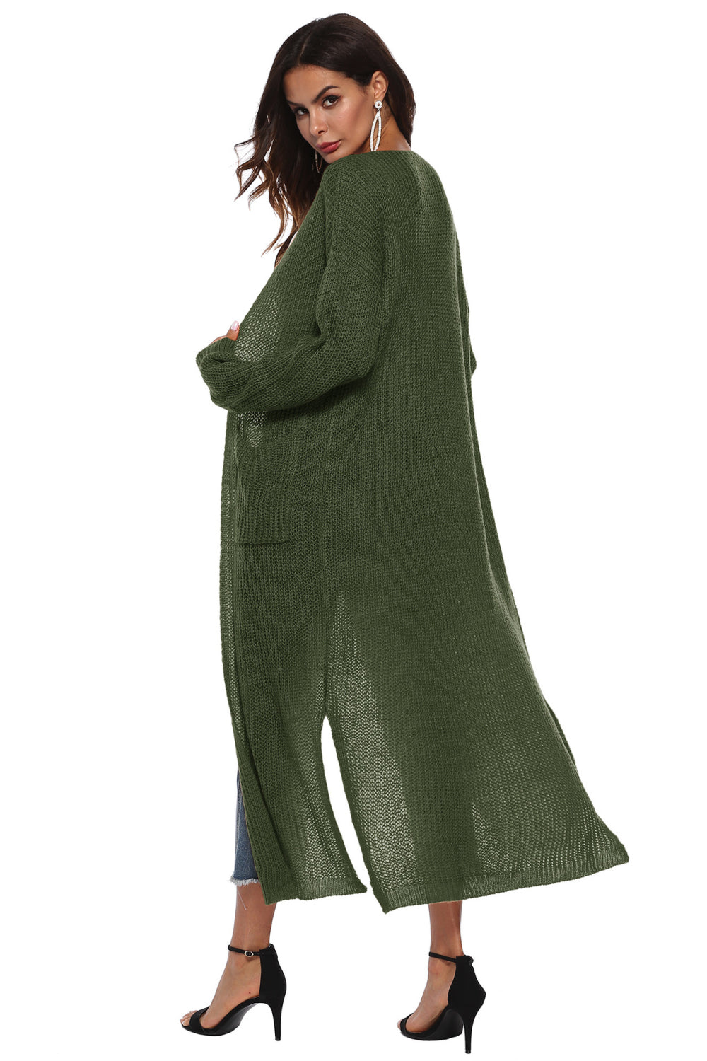 Longline knit cardigan in Army Green with side slits and pockets.