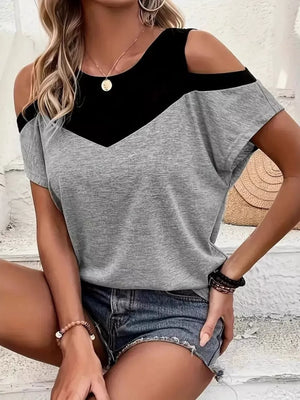 Cold Shoulder Color Block T-shirt in White, front view