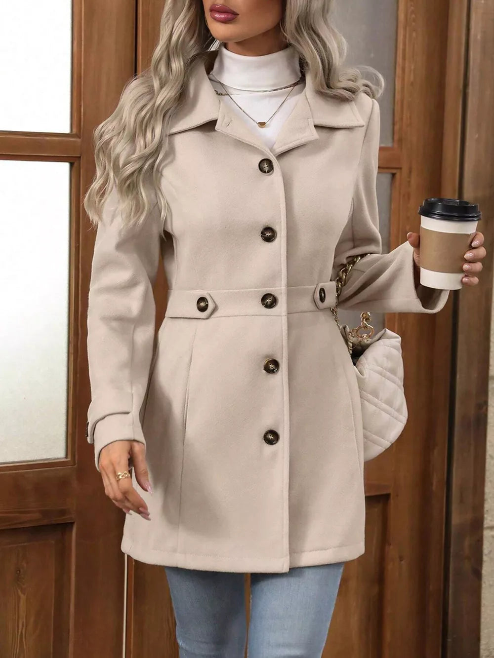 Elegant camel button-up trench coat with cinched waist and button details.