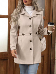 Elegant camel button-up trench coat with cinched waist and button details.