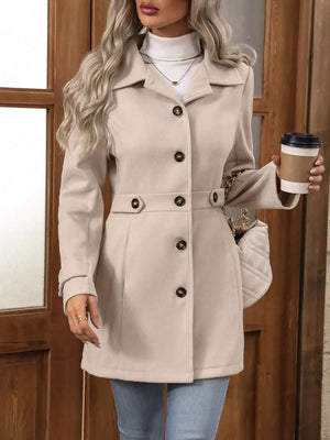 Elegant camel button-up trench coat with cinched waist and button details.