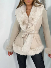 Beige faux fur trim belted jacket with textured details and a tie waist.