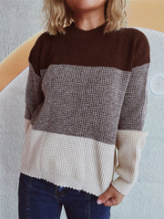 Colorblock textured knit pullover sweater with mock neck and long sleeves in brown, beige, and grey.