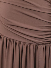 Ruched Long-sleeve Maxi Dress With Cutout in Brown, fabric detail