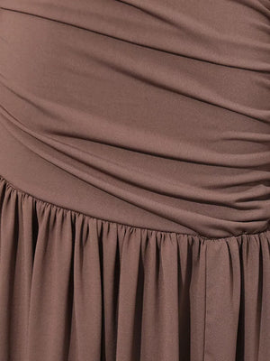 Ruched Long-sleeve Maxi Dress With Cutout in Brown, fabric detail