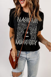 Black graphic tee with Nashville Music City print and leopard detail