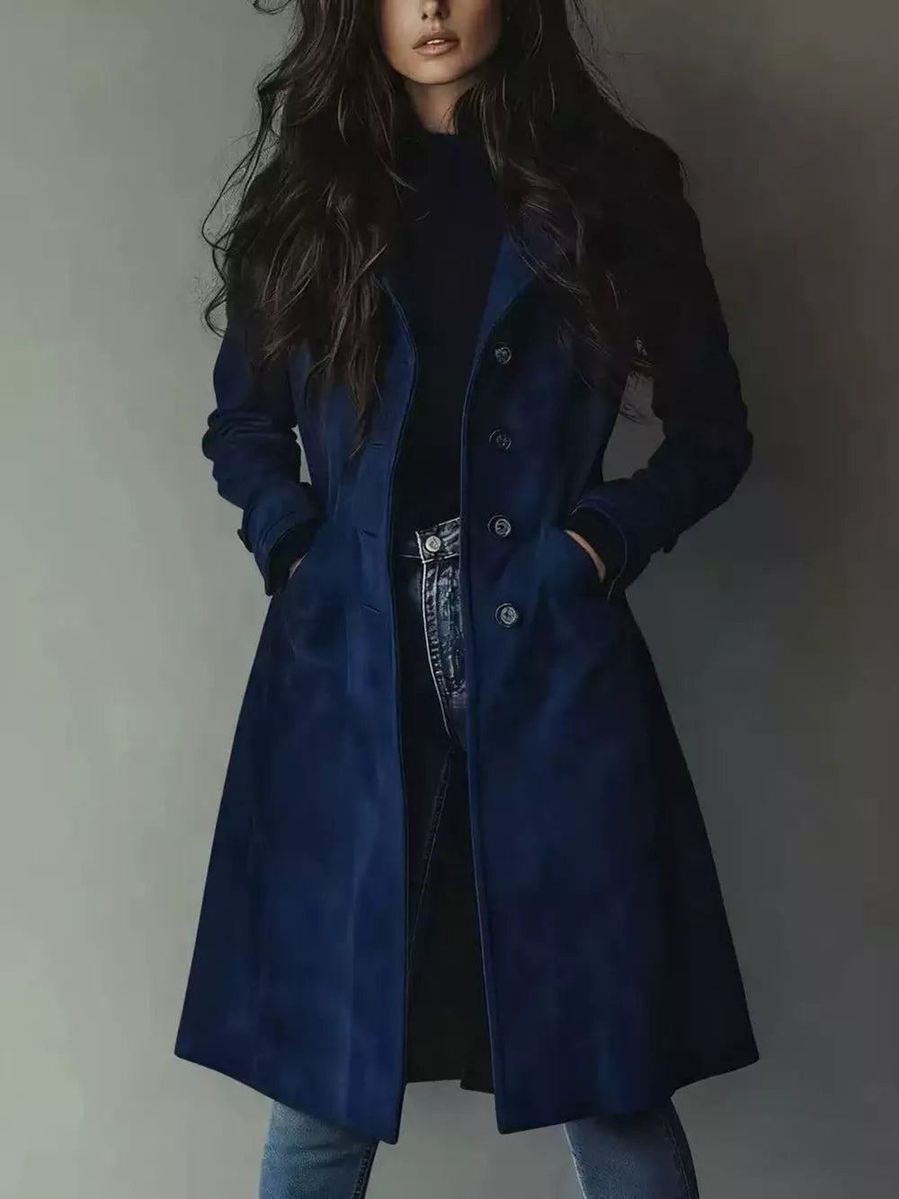 Button Up Longline Trench Coat in Dark Brown, side view