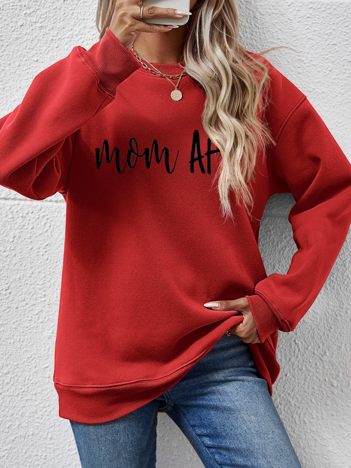 Deep Red graphic sweatshirt with black "Mom AF" text, crewneck, and long sleeves.