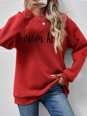 Deep Red graphic sweatshirt with black "Mom AF" text, crewneck, and long sleeves.