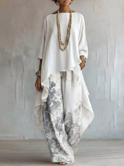 Asymmetrical Hem Top And Floral Pants Set, front view