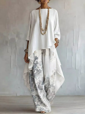 Asymmetrical Hem Top And Floral Pants Set, front view