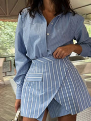 Striped Buttoned Shirt And Mini Skirt Set in Dusty Blue, side view