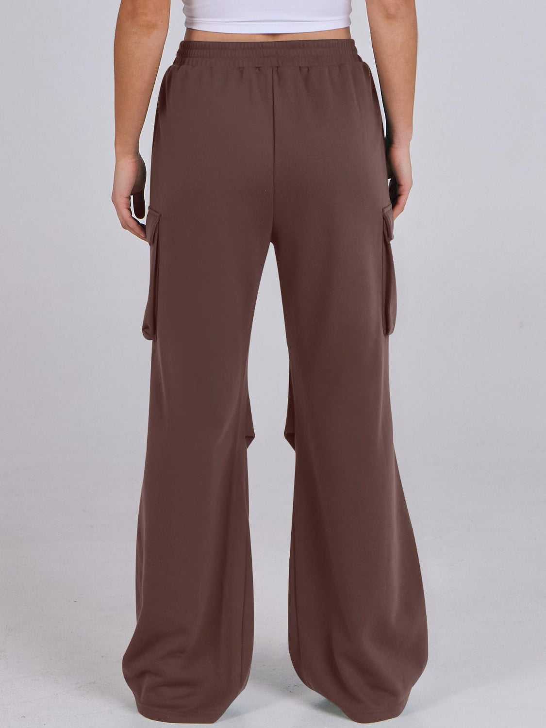 Dark brown cargo pocket drape wide leg sweatpants with elastic waist