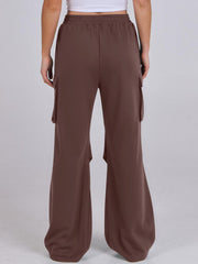 Dark brown cargo pocket drape wide leg sweatpants with elastic waist