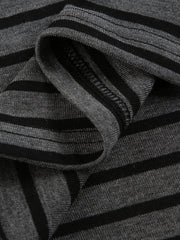Grey and black striped t-shirt with a boat neck and comfortable stretch fabric.