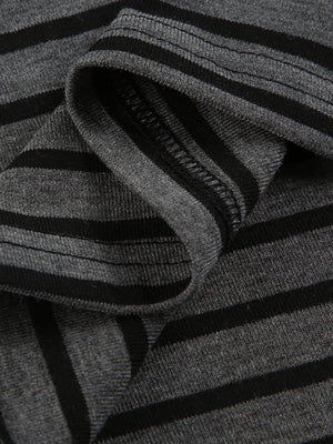 Grey and black striped t-shirt with a boat neck and comfortable stretch fabric.