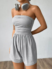 Light gray cotton strapless ruched waist romper with shorts