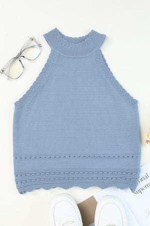 Light blue knit halter tank top with scalloped trim and eyelet details.