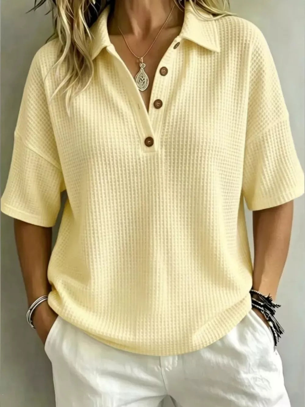 Full Size Waffle Knit Polo Top Plus Size, fit detail
