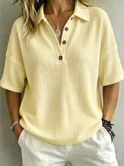 Full Size Waffle Knit Polo Top Plus Size, fit detail