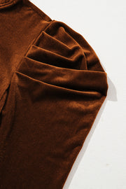 Brown velvet blouse with gathered sleeve detail