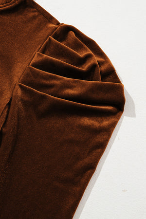 Brown velvet blouse with gathered sleeve detail