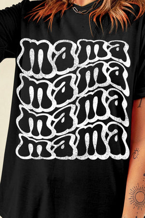 Black graphic tee with white "mama" text in a retro wavy font.