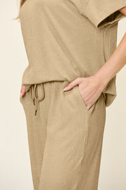 Khaki waffle knit lounge set with drawstring waist pants and short sleeve top.