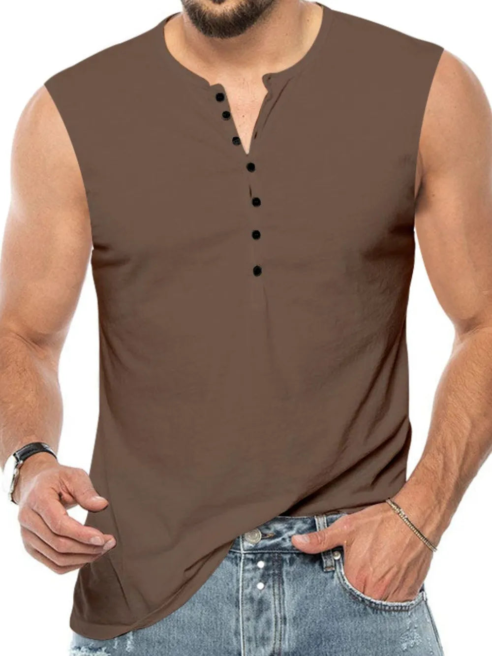 Brown sleeveless henley t-shirt with button placket and round neck.