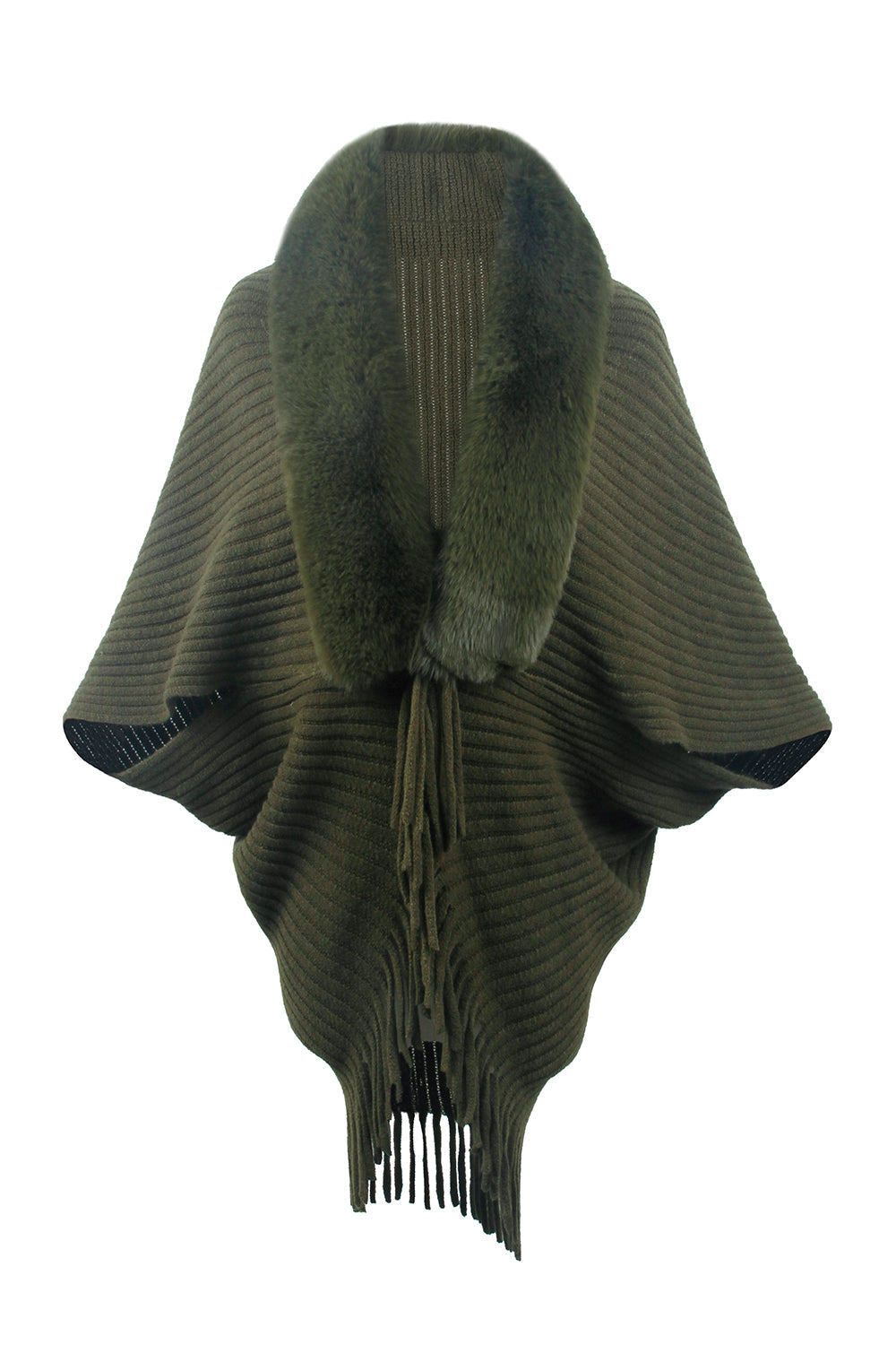 Army green knit cape with faux fur collar and fringe detail