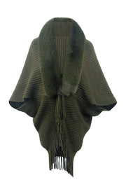 Army green knit cape with faux fur collar and fringe detail