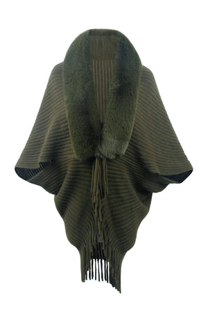 Army green knit cape with faux fur collar and fringe detail