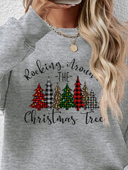 Graphic Christmas Tree Crewneck Sweatshirt in grey with festive tree print and text.
