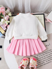 Children's Bow Button Up Cardigan And Pleated Skirt Set in Pink, fabric detail
