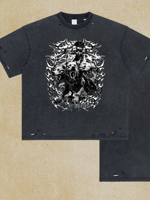 Black oversized graphic tee with distressed details and a skull and wolf design.