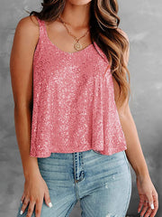 Sequin-embellished flounce tank top in watermelon pink with a V-neck and spaghetti straps.
